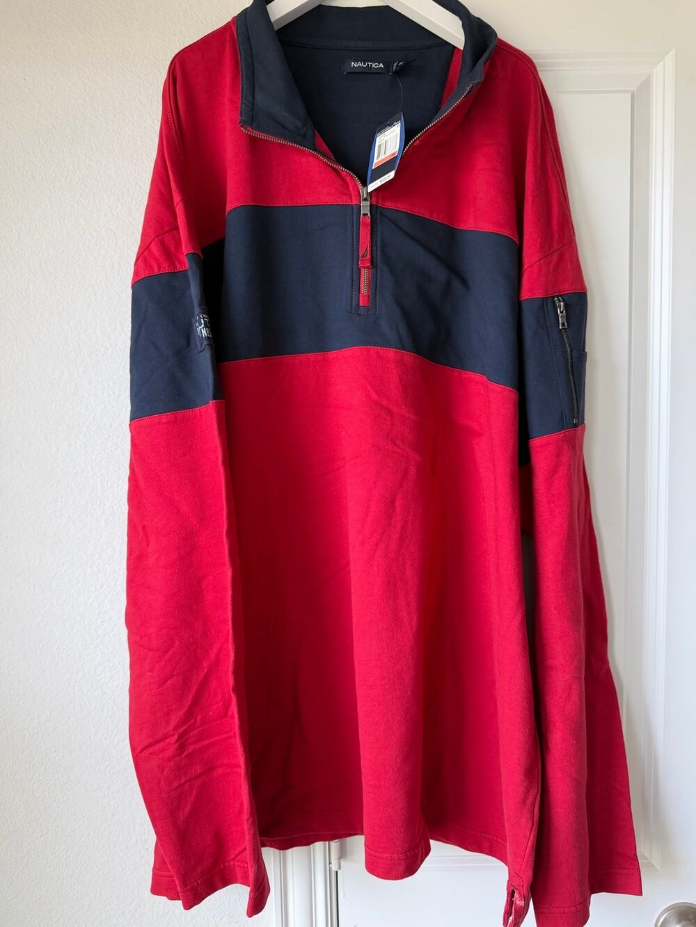 NWT Nautica Men's 3X Colorblock Red/Navy Blue Striped Rugby Quarter Zip Pullover